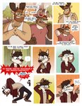 anthro antlers beard bottomwear bread building canid canine canis clothing comic deer dialogue door english_text eyewear facial_hair fence flustered flustered_male food footwear fur glasses group hair hi_res hoodie horn inner_monologue leo_(nardodraws) male mammal moose nardodraws nervous nervous_smile nervous_sweat new_world_deer outside panicking pants plant reluctant rodney_(nardodraws) sharp_teeth shirt shoes sidewalk speech_bubble spiral_eyes standing street tank_top teeth text tom_(nardodraws) topwear tree window wolf