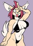 anthro big_breasts big_ears bikini black_bikini black_clothing black_swimwear blue_nose breasts canid canine cleo_(dooper64) clothing female fennec_fox fox gesture hair hand_gesture loser_gesture mammal one_eye_closed pink_hair purple_background ritts simple_background solo swimwear taunting thick_thighs tongue true_fox two-piece_swimsuit wink