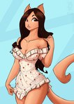 2023 animal_humanoid blue_background breasts brown_eyes brown_hair cat_humanoid cleavage clothed clothing conditional_dnp dress felid felid_humanoid feline feline_humanoid female hair humanoid jollyjack mammal mammal_humanoid minidress simple_background solo tail