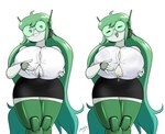 big_breasts bit_(zedrin) blush bodily_fluids breasts cleavage clothed clothing cum cum_on_breasts female genital_fluids green_hair grin hair hi_res huge_breasts humanoid looking_at_viewer machine not_furry robot robot_humanoid simple_background smile solo white_background zedrin