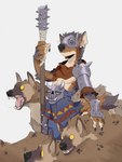 ambiguous_gender anthro armor brown_body brown_fur clothed clothing club_(weapon) digital_media_(artwork) ear_piercing ear_ring feral fur gnoll group headgear helmet hi_res holding_object holding_weapon hyena hyenamancer mace male mammal markings melee_weapon notched_ear open_mouth piercing plate_armor polearm ring_piercing simple_background spiked_club spots spotted_body spotted_fur spotted_hyena standing tail teeth warrior weapon yellow_eyes