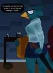 2023 4_fingers anthro avian beak bird breasts clothed clothed_anthro clothed_female clothing digital_media_(artwork) english_text feathers female fingers hi_res inside night_in_the_woods nipples pastor_kate_(nitw) solo text umbrella wet wet_clothing wolfbaloo yellow_beak