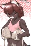 2016 5_fingers anthro blush bodily_fluids bottomless bottomless_anthro bottomless_female bra breast_envy breasts brown_body brown_eyes brown_fur brown_hair clothed clothing ear_piercing ear_ring felid feline female female_anthro fingers fur hair hi_res japanese_text kemono looking_down mammal narrowed_eyes piercing pink_bra pink_clothing pink_nose pink_underwear ring_piercing short_snout signature simple_background small_breasts standing sweat sweatdrop text underwear white_bra white_clothing white_underwear yukaran_nosuke