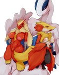 anthro areola avian blaziken blue_areola blue_nipples breasts canid canine cottontail delphox female fur generation_2_pokemon generation_3_pokemon generation_6_pokemon genitals hair hi_res inner_ear_fluff legendary_pokemon lugia macro mammal nintendo nipples nude pink_areola pink_nipples pokemon pokemon_(species) pussy smile tuft yellow_body