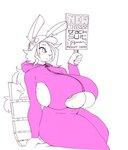 2024 anthro areola areola_slip bench big_breasts biped bodily_fluids breasts cleavage_cutout clothing cutout digital_media_(artwork) ears_up english_text female fingers hair hat headgear headwear holding_object holding_sign huge_breasts iliya_(jigrasmut) lagomorph leporid long_hair mammal nipple_slip nipples rabbit sign sitting solo sweat sweaty_breasts text tracksuit unyin zipper