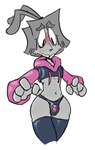 4_fingers bav blush bulge cheek_tuft clothing cropped_hoodie facial_tuft fingers grey_body hoodie humanoid lagomorph legwear male mammal meme meme_clothing midriff navel paggi_outfit solo tagme thigh_highs tied_ears topwear tuft vab_(bav)