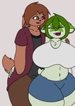 absurd_res anthro anthrofied big_breasts blue_bottomwear blue_clothing blue_pants bottomwear bra breasts brown_bottomwear brown_clothing brown_pants clothing duo eevee eyes_closed female fur generation_1_pokemon generation_9_pokemon green_body green_fur grey_clothing grey_shirt grey_topwear hand_in_pocket hi_res hotpants huge_breasts jacket male male/female navel nintendo pants pockets pokemon pokemon_(species) red_clothing red_jacket red_topwear shirt shorts smile sprigatito standing tan_body tan_fur thick_thighs topwear tubfy underwear white_bra white_clothing white_underwear