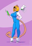 2021 anthro big_breasts blonde_hair blue_eyes boots breasts clothed clothing conditional_dnp domestic_cat felid feline felis female footwear fully_clothed fur hair jollyjack jumpsuit machine mammal purple_background shoes simple_background tablet tail tan_body tan_fur text url