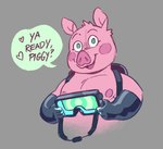 2019 animated anthro backpack black_clothing black_gloves black_handwear clothing dialogue digital_media_(artwork) domestic_pig english_text fur gloves green_eyes handwear heart_symbol hypnotic_visor latex latex_clothing latex_gloves latex_handwear looking_at_viewer low_res male mammal nipples open_mouth open_smile pink_body pink_fur pink_nipples short_playtime simple_background smile solo speech_bubble strawbearer suid suina sus_(pig) text visor