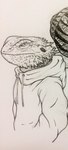 2017 agamid ambiguous_gender anthro bearded_dragon clothing graphite_(artwork) grey_background hand_in_pocket hi_res hoodie kingbiko laces lizard male_(lore) monochrome pockets reptile scalie side_view simple_background sketch topwear traditional_media_(artwork)