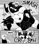 abs absurd_res anthro armpit_hair big_bulge big_muscles big_pecs body_hair bovid breasts bulge caprine clothing comic english_text female fight fish gabriel_(parttimeyeen) goat group hi_res horn huge_bulge huge_muscles huge_pecs huge_thighs hyper hyper_muscles lagomorph larger_male laura_(parttimeyeen) leporid lips long_ears male mammal marine mask monochrome muscular muscular_anthro muscular_arms muscular_legs muscular_male muscular_thighs parttimeyeen_(artist) pecs punch rabbit shark sharp_teeth shirt size_difference smaller_female suit teeth text thick_bottom_lip thick_thighs tight_clothing topwear trio tristen_(parttimeyeen)