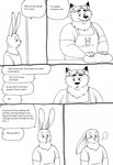 2023 anthro apron base_three_layout bernielover biped blush canid canine clothing comic dialogue disney duo english_text fan_character five_frame_image fox gideon_grey hi_res humanoid_hands lagomorph leporid male mammal monochrome nate_hopps overweight overweight_male rabbit red_fox shirt text three_row_layout topwear true_fox zootopia