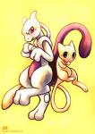 2012 ambiguous_gender anthro belly blue_eyes digital_media_(artwork) duo felid generation_1_pokemon grey_body haychel hi_res legendary_duo legendary_pokemon mammal mew_(pokemon) mew_duo mewtwo nintendo pink_body pokemon pokemon_(species) purple_belly purple_eyes simple_background tail text url yellow_background