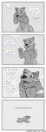 2022 absurd_res after_transformation ambiguous_gender anthro black_nose canid canine canisfidelis cheek_tuft clothing comic costume dialogue english_text eyebrows facial_tuft fursuit head_tuft hi_res humor lying mammal monochrome neck_tuft nude on_front on_ground open_mouth pawpads simple_background solo speech_bubble standing teeth text tongue tuft unknown_species