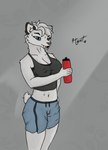 anthro blue_eyes bodily_fluids bottle bottomwear bra breasts clothing collarbone container erect_nipples fangs felid female fur green_eyes hair hi_res hyrat inner_ear_fluff mammal multicolored_eyes navel nipple_outline nipples open_mouth pink_nose prehistoric_species saber-toothed_tiger saber_(firestorm3) shorts smile solo sports_bra sweat sweatdrop teeth tuft underwear water_bottle white_body white_hair