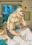 2024 anthro bed bedding blanket bottomwear clothing color_contrast felid fur furniture hair haru41113 hi_res human leo_(saitama_seibu_lions) lion looking_at_viewer male mammal mane mascot nippon_professional_baseball on_bed one_eye_closed pantherine pants photo_background photography_(artwork) saitama_seibu_lions sitting solo tail white_body white_fur