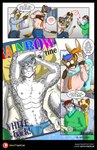 angry anthro briefs clothing comic domestic_cat english_text felid feline felis grey_body group hi_res hug hyena lagomorph leporid magazine male mammal necktie nipples office pantherine rabbit snow snow_leopard speech_bubble text underwear url white_body whitetigercub