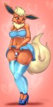 absurd_res anthro areola bellenightjoy biped blonde_hair breasts chastity_cage chastity_device clothed clothing clothing_lift dress dress_lift eeveelution eyelashes flareon footwear generation_1_pokemon gynomorph hair hi_res high_heels intersex nintendo nipples pokemon pokemon_(species) pupils shoes smile solo thick_thighs