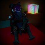 1:1 3d_(artwork) absurd_res animal_genitalia animal_penis anthro bed black_pawpads blue_body blue_eyes blue_fur blush claws cube_(object) cybernetics cyborg digital_media_(artwork) floppy_ears fur furniture genitals glowing_tail_tip hi_res hypabeast_ad hyper_(hypabeast) lamp light lighting looking_at_viewer machine male on_bed one_eye_closed pawpads penis protogen protogen_armor protogen_visor septagram sitting sitting_on_bed solo tapering_penis teal_body teal_fur teal_penis vignette wink winking_at_viewer