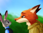 absurd_res anthro bent_over canid canine clothed clothing day disney duo eye_contact female fox fur grey_body grey_fur hi_res judy_hopps lagomorph leporid light looking_at_another looking_down male male/female mammal nick_wilde orange_body orange_fur pink_nose plant rabbit red_fox rennofox shirt shrub sunlight topwear true_fox zootopia