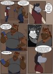 2022 american_opossum anthro belly big_belly bottomwear brown_body clothing comic crew_(dippubear) dialogue dippubear duo ear_piercing ear_ring english_text hi_res hyena male mammal marsupial overweight overweight_male pants parker_pierce piercing profanity ring_piercing shirt text topwear