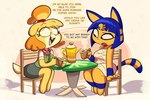 2024 3:2 absurd_res animal_crossing ankha_(animal_crossing) anthro bangs barefoot bell beverage blonde_hair blue_hair bob_cut bottomwear breasts canid canine canis chair clothed clothed_anthro clothed_female clothing coffee coffee_mug date dialogue digital_drawing_(artwork) digital_media_(artwork) dipstick_tail domestic_cat domestic_dog duo english_text eye_through_hair eyebrows eyelashes eyeliner feet felid feline felis female female/female female_anthro fingers fur furniture green_clothing green_topwear green_vest hair hi_res holding_coffee_mug holding_object isabelle_(animal_crossing) jingle_bell looking_at_another looking_at_object makeup mammal markings morning mummy_wrappings nintendo on_chair open_mouth open_smile pest0sauce raised_eyebrow shih_tzu shirt simple_background sitting sitting_on_chair skirt smile speech_bubble striped_markings striped_tail stripes table tail tail_markings talking_to_another tan_background teeth text tied_hair topwear toy_dog translucent translucent_hair uraeus vest white_clothing white_shirt white_topwear yellow_body yellow_ears yellow_face yellow_fur yellow_inner_ear yellow_tail