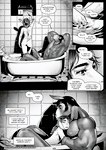 2023 anthro bathroom bathtub black_and_white bovid bovine butt caprine claw_foot_bathtub cody_(falcon_mccooper) comic dialogue digital_media_(artwork) duo electronics english_text equid equine face_on_chest falcon_mccooper fingers fur goat hair hands_behind_head horn horse hug male male/male mammal monochrome muscular muscular_anthro muscular_male nipples nude page_number radio size_difference speech_bubble tail text url water william_(falcon_mccooper)