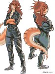 2024 3:4 alien_(franchise) alternate_costume anthro aquilops artist_name biped bottomwear breasts brown_hair ceratopsian clothed clothed_anthro clothed_female clothing colored cosplay costume crossed_arms dark_rya dinosaur ellen_ripley eyebrows female footwear front_view full-length_portrait goodbye_volcano_high grey_bottomwear grey_clothing grey_jacket grey_pants grey_topwear hair half-closed_eyes hi_res horn jacket long_hair long_tail looking_at_viewer medium_breasts multicolored_body multicolored_scales multiple_poses narrowed_eyes non-mammal_breasts open_mouth orange_body orange_scales ornithischian pants portrait pose prehistoric_species red_eyes reptile rosa_(gvh) scales scalie shirt shoes simple_background smile smug solo spiked_tail spikes spikes_(anatomy) tail tan_body tan_scales three-quarter_view topwear two_tone_body two_tone_scales white_background white_clothing white_shirt white_topwear