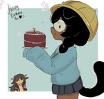 birthday birthday_cake bottomwear bovid cake canid clothing dark_body dark_skin dessert eyewear female food glasses hi_res humanoid kindergarten_uniform mammal skirt taa-chan tail