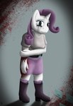 anthro beabea. belt blood blood_on_clothing blue_eyes bodily_fluids boots bottomwear clothing cutie_mark equid equine female footwear friendship_is_magic gore hair hasbro hi_res holding_arm holding_wound horn horse makeup mammal mascara mascara_tears my_little_pony mythological_creature mythological_equine mythology pony purple_bottomwear purple_clothing purple_hair purple_skirt rarity_(mlp) shirt shoes simple_background skirt solo topwear unicorn white_body white_clothing white_shirt white_topwear wounded