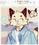 2023 anthro bandage bandage_on_face bandage_on_nose black_eyes blue_clothing blue_jacket blue_topwear bunonthemoon clothing domestic_cat felid feline felis fur jacket looking_away male mammal slim_anthro slim_male solo standing topwear white_body white_fur