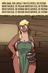 anthro apron apron_only areola areola_slip bernie-buddy big_breasts blonde_hair bovid bovine breasts clothing confusion female green_apron green_clothing hair hi_res i_mean_breast_milk icelandic_text mammal meme milk mostly_nude old_norse_text overweight repeated_text side_boob solo text