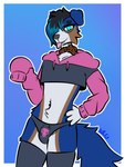 absurd_res anthro border_collie bulge canid canine canis chastity_bulge chastity_cage chastity_device clothing collar collarbone collie cropped_hoodie domestic_dog eyewear femboy foster_the_dog_(yaboyfoz!) glasses hand_on_hip herding_dog hi_res highlights_(coloring) legwear male mammal meme meme_clothing navel navel_piercing paggi_outfit panties pastoral_dog piercing sheepdog solo thigh_highs tongue tongue_out underwear yaboyfoz!