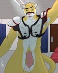 absurd_res anthro armpit_hair body_hair cougar felid feline football_gear football_player genitals heterochromia hi_res locker_room looking_at_viewer male mammal penile_spines penis pinned pubes riley_winters scar shoulder_pads solo sport zc