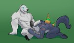 2019 anthro ball_lick balls bear bodily_fluids canid canine canis dominant dominant_male duo genital_fluids genitals kneeling league_of_legends licking looking_at_another male male/male mammal muscular muscular_male nude oral oriont penis penis_sniffing precum riot_games sex sitting sniffing tencent tongue volibear warwick_(lol) wolf