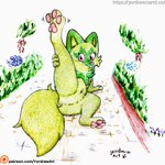 1:1 3_toes bent_legs crotch_lines featureless_crotch feet female feral foot_fetish foot_focus fur generation_9_pokemon green_body green_fur hi_res leg_grab looking_at_viewer lying lying_on_ground nintendo nude null on_ground on_side patreon patreon_artist patreon_logo patreon_username pawpads paws pink_eyes pink_nose pink_pawpads pokemon pokemon_(species) raised_leg raised_tail smile smiling_at_viewer solo spread_legs spreading sprigatito tail text toes traditional_media_(artwork) url yordraw