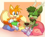 anthro ashton_deer bean_bag candy canid canine clothing controller deer dessert duo eyes_closed food footwear fox fur game_controller gloves green_body green_fur handwear hi_res laugh male mammal miles_prower open_mouth pillow sega sitting smile socks sonic_the_hedgehog_(series) white_clothing white_footwear white_socks zombieeparty