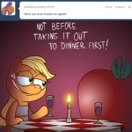 1:1 alcohol apple applejack_(mlp) ask_jappleack beverage blonde_hair candle dialogue earth_pony english_text equid equine female feral food freckles friendship_is_magic fruit furniture green_eyes hair hasbro horse hotdiggedydemon long_hair mammal my_little_pony plant pony ponytail solo table tablecloth text tumblr wine