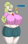 2023 big_breasts big_bulge breasts bulge clothed clothing detailed_bulge english_text gaikiken gardevoir generation_3_pokemon genitals green_hair gynomorph hair hi_res huge_breasts humanoid intersex linnea_(gaikiken) nintendo not_furry pokemon pokemon_(species) pokenav_plus solo text white_body