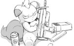 16:10 2024 ambiguous_gender ammunition anthro beverage beverage_can coffee depresso english_text greyscale grumpy gun holding_gun holding_object holding_ranged_weapon holding_weapon looking_at_viewer magazine_(gun) monochrome mp7 nude pal_(species) palworld pocketpair ranged_weapon sitting solo submachine_gun text weapon widescreen winick-lim