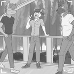 1:1 anthro backwards_baseball_cap backwards_hat baseball_cap bottomwear camera_view canid canine clothed clothing dress_shirt eyewear footwear fully_clothed fuze fuzeyeen gesture glasses greyscale group hand_gesture hat headgear headwear hi_res hyena leaning_on_railing looking_at_viewer male mammal monochrome outside pants public shirt shoes spotted_hyena t-shirt topwear trio v_sign