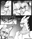 2017 anthro bodily_fluids canid canine clothing comic dragon english_text female four_frame_image fox group hair hi_res horn if_hell_had_a_taste jewelry male mammal monochrome muscular muscular_anthro muscular_male mythological_creature mythological_scalie mythology necklace open_mouth owl_(viroveteruscy) ponytail scales scalie scar shirt skylar_fidchell sweat text tiffany_brewwer topwear trio viroveteruscy