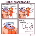 1:1 2024 4_panel_comic anthro big_muscles biped black_sclera blue_body clothing comic countershading dialogue duo english_text fish for_the_better_right? hi_res hoodie human male mammal marine muscular muscular_anthro muscular_male orange_clothing orange_hoodie orange_topwear shark skykdotidot standing talking_to_another text topwear white_body white_countershading yellow_eyes