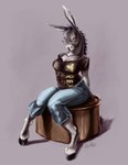 2022 anthro asinus band_shirt black_hair bottomwear breasts clothed clothing coypowers dana_(coypowers) denim denim_bottomwear denim_clothing donkey equid equine eyewear female fully_clothed fur glasses grey_body grey_fur hair hi_res hooves jeans long_ears mammal mane pants shirt simple_background sitting solo t-shirt t._rex_(band) topwear