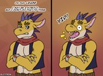 alcitron_(artist) anthro belt claws clothing crossed_arms dialogue english_text eugene_(alcitron) hi_res kobold looking_at_viewer male male_anthro open_mouth scarf sharp_teeth solo teeth text topwear vest