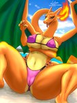 absurd_res anthro beach big_breasts bikini breasts camel_toe charizard claws clothed clothing dragon female fire flaming_tail generation_1_pokemon hi_res link6432 looking_at_viewer mammal mature_female membrane_(anatomy) membranous_wings mythological_creature mythological_scalie mythology nintendo nipple_outline open_mouth pokemon pokemon_(species) scalie seaside solo swimwear tail tongue two-piece_swimsuit wings