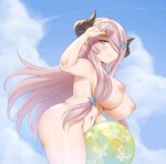 accessory areola ball beach_ball big_breasts blush blush_lines bodily_fluids breasts chikage100 cloud cygames draph eyelashes female granblue_fantasy grey_horn hair hair_accessory hair_over_eye holding_ball holding_object horn horned_humanoid huge_breasts humanoid humanoid_pointy_ears inflatable long_hair narmaya navel nipples nude one_eye_obstructed pink_areola pink_hair pink_nipples purple_eyes sky smile smiling_at_viewer solo sweat sweatdrop tan_body tan_skin thick_thighs wet wide_hips