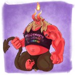 1:1 absurd_res ball_tuft black_nipples black_sclera brown_body brown_fur clothed clothing demon demon_humanoid elemental_manipulation fire fire_manipulation foreskin fur genitals hair hi_res horn humanoid lazydoggo lgbt_pride male muscular nipples partially_clothed penis pointed_tail pri(demon)th pride_color_clothing pride_colors red_body solo tail tan_hair tuft