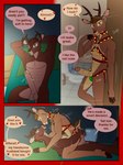 3:4 anthro anthro_on_anthro antlers balls bambi bambi_(film) bathroom bedroom bell bell_collar bell_harness blurred_background brown_body christmas clothing collar comic deer dialogue digit_ring digital_media_(artwork) disney duo dustin_c english_text erection genitals green_eyes hair harness hi_res holidays hooves horn humanoid_genitalia humanoid_penis husband_and_husband jewelry jingle_bell jingle_bell_harness jockstrap looking_at_viewer male male/male mammal married_couple motion_lines muscular muscular_anthro muscular_male nude open_mouth pecs penile penis red_nose ring ronno scut_tail short_tail simple_background smile speech_bubble tail teeth text tongue underwear wedding_ring