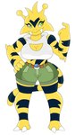 9:16 antennae_(anatomy) anthro belt big_breasts black_stripes bottomwear breasts clothing electabuzz fangs female generation_1_pokemon green_eyes hi_res markings nintendo pokeball pokemon pokemon_(species) shirt shorts simple_background solo striped_markings stripes tail teeth topwear urusee584 white_background yellow_body